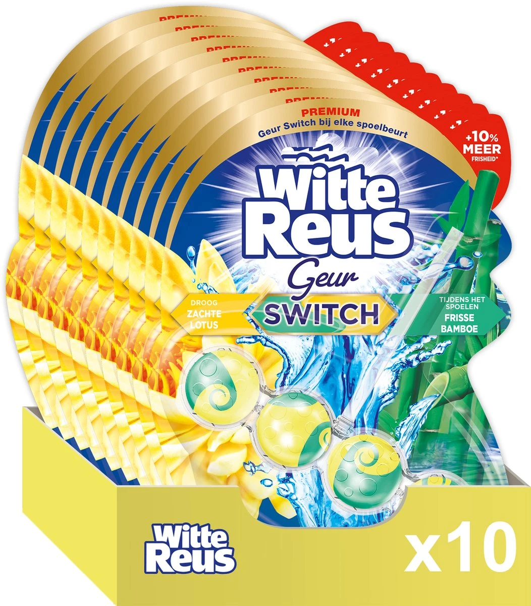 Witte Reus Toiletblok Geur Switch - Lotus Bamboe - WC Blokjes Voordeelverpakking - 10 Stuks 1 Witte Reus Toiletblok Geur Switch - Lotus Bamboe - WC Blokjes Voordeelverpakking - 10 Stuks