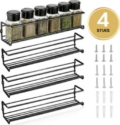 YORGS Kruidenrek Ophangbaar - Kruidenrekje Voor Potjes - Kruidenrekken Hangend 4 Stuks - Zwart - Inc Ophangmateriaal