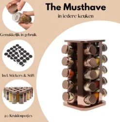 Pazzo Goods - Kruidenrek Staand - Kruidenrek Met Potjes - Rose Goud - RVS - Kruidenrek Draaibaar - 20 Kruidenpotjes - Inclusief Stickers & Stift - Kruiden Carrousel -Huishoudelijke Benodigdheden Winkel 1174x1200 1