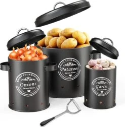 Professionele Bewaardozen - Set Van 3 - Voor Aardappels, Uien En Knoflook - Retro Design - Voorraadcontainer Van Metaal - Keukenopslag - Groentes Bewaren Voor Lange Tijd - Perfect Cadeau Voor In De Keuken