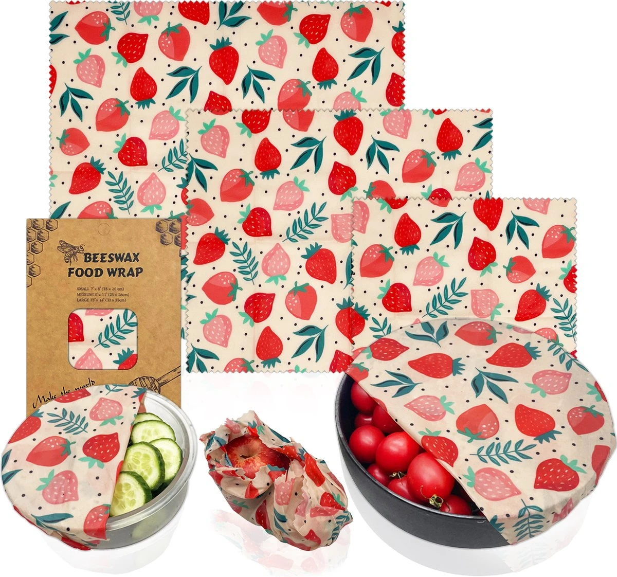 Bijenwas Wraps (Bijenwas Doek) - "rode Aardbei" Set Van 3 - 1S, 1M, 1L - Beeswax Wraps - Herbruikbaar Boterhamzakje - Bee Wrap - Beewax - Bijenwasdoek - Zero Waste - Duurzaam Cadeau 1 Bijenwas Wraps (Bijenwas Doek) - "rode Aardbei" Set Van 3 - 1S, 1M, 1L - Beeswax Wraps - Herbruikbaar Boterhamzakje - Bee Wrap - Beewax - Bijenwasdoek - Zero Waste - Duurzaam Cadeau
