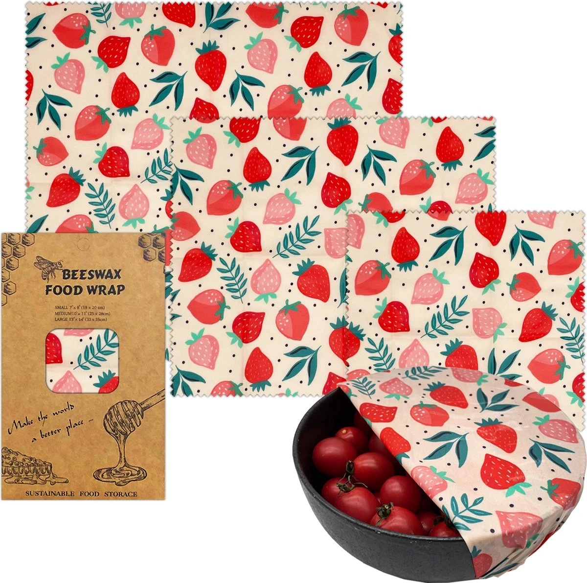 Bijenwas Wraps (Bijenwas Doek) - "rode Aardbei" Set Van 3 - 1S, 1M, 1L - Beeswax Wraps - Herbruikbaar Boterhamzakje - Bee Wrap - Beewax - Bijenwasdoek - Zero Waste - Duurzaam Cadeau 7 Bijenwas Wraps (Bijenwas Doek) - "rode Aardbei" Set Van 3 - 1S, 1M, 1L - Beeswax Wraps - Herbruikbaar Boterhamzakje - Bee Wrap - Beewax - Bijenwasdoek - Zero Waste - Duurzaam Cadeau - Afbeelding 7