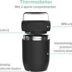 Coninx Thermos Lunchbox - Muesli Beker To Go - Isoleer Lunchpot - Yoghurtbeker To Go - Mueslibeker 840ml (600ml+240ml) - RVS / Zwart -Huishoudelijke Benodigdheden Winkel 1200x1198 11