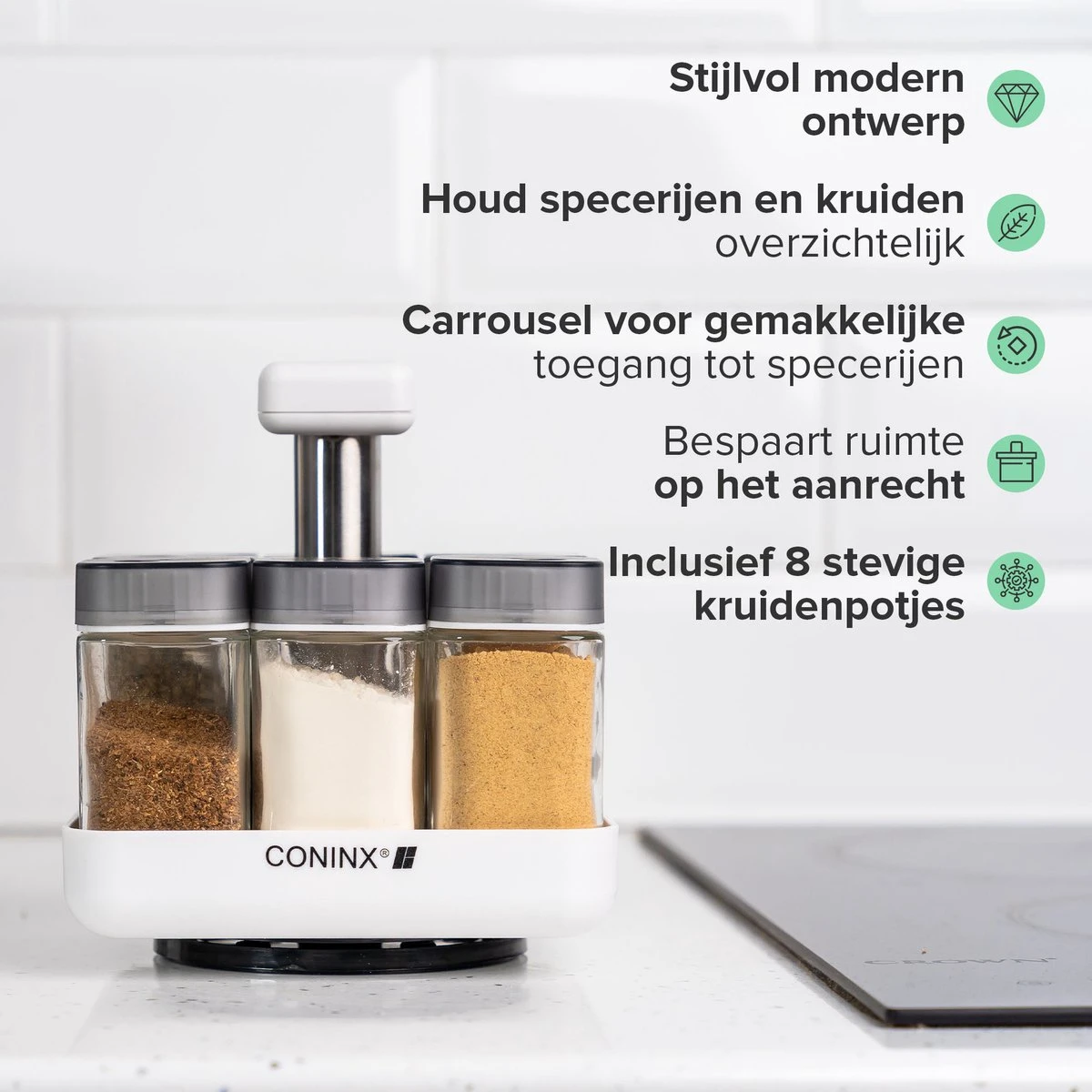 Coninx Kruidenrek Staand - Draaiend Kruidenrek Met Glazen Potjes - Kruidencarrousel Draaibaar - 8 Kruidenpotjes - Wit / RVS 5 Coninx Kruidenrek Staand - Draaiend Kruidenrek Met Glazen Potjes - Kruidencarrousel Draaibaar - 8 Kruidenpotjes - Wit / RVS - Afbeelding 5