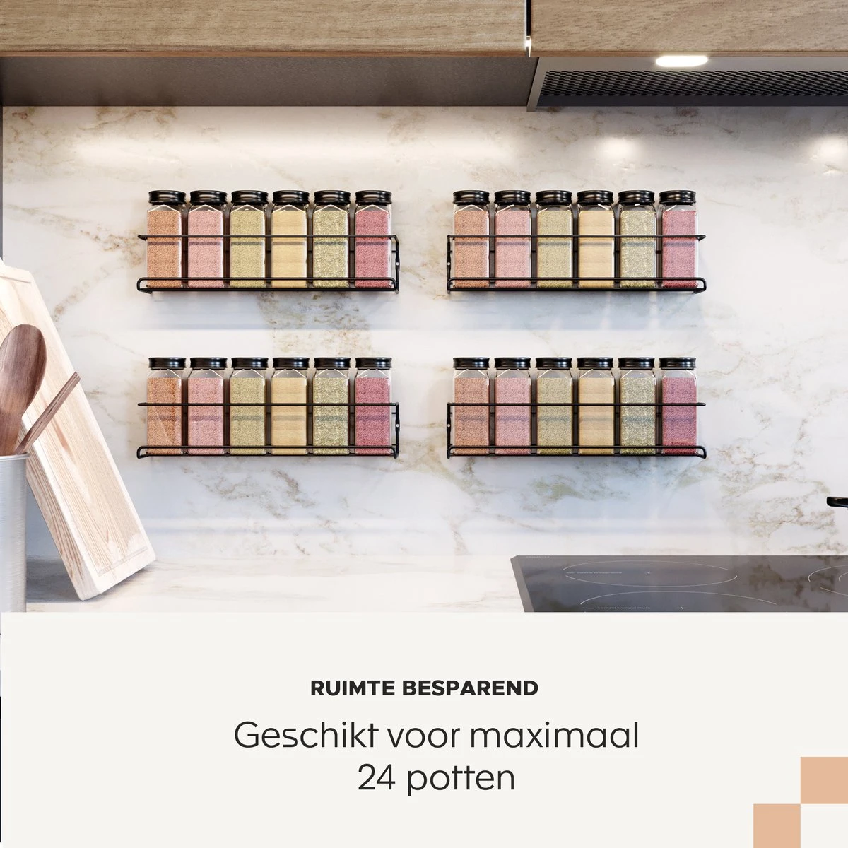 Noswo Kruidenrek Ophangbaar - Voor 24 Kruidenpotjes - 4 Stuks - Keukenrek Hangend - RVS - Zwart 2 Noswo Kruidenrek Ophangbaar - Voor 24 Kruidenpotjes - 4 Stuks - Keukenrek Hangend - RVS - Zwart - Afbeelding 2