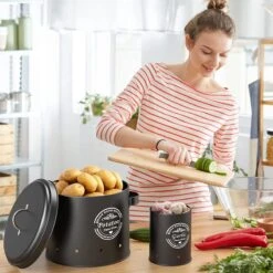 Professionele Bewaardozen - Set Van 3 - Voor Aardappels, Uien En Knoflook - Retro Design - Voorraadcontainer Van Metaal - Keukenopslag - Groentes Bewaren Voor Lange Tijd - Perfect Cadeau Voor In De Keuken -Huishoudelijke Benodigdheden Winkel 1200x1200 677