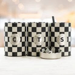 Industrial Living Voorraadblikken – Voorraadbussen Koffie Thee Suiker – Bewaarblik – Checkerboard – Voorraadpot Geblokt Voor Koek – Metaal - Set Van 3 – Zwart - Wit -Huishoudelijke Benodigdheden Winkel 1200x1200 698