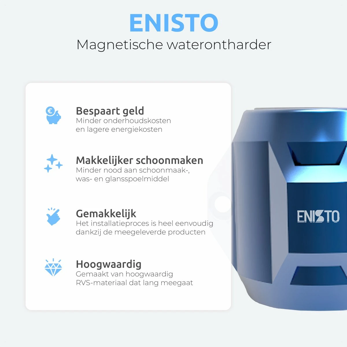 ENISTO® Magnetische Waterontharder Medium – Waterontharder Magneet – Douchefilter – 15.000 Gauss – Waterontkalker – Waterverzachter – Antikalk – Blauw – RVS 3 ENISTO® Magnetische Waterontharder Medium – Waterontharder Magneet – Douchefilter – 15.000 Gauss – Waterontkalker – Waterverzachter – Antikalk – Blauw – RVS - Afbeelding 3