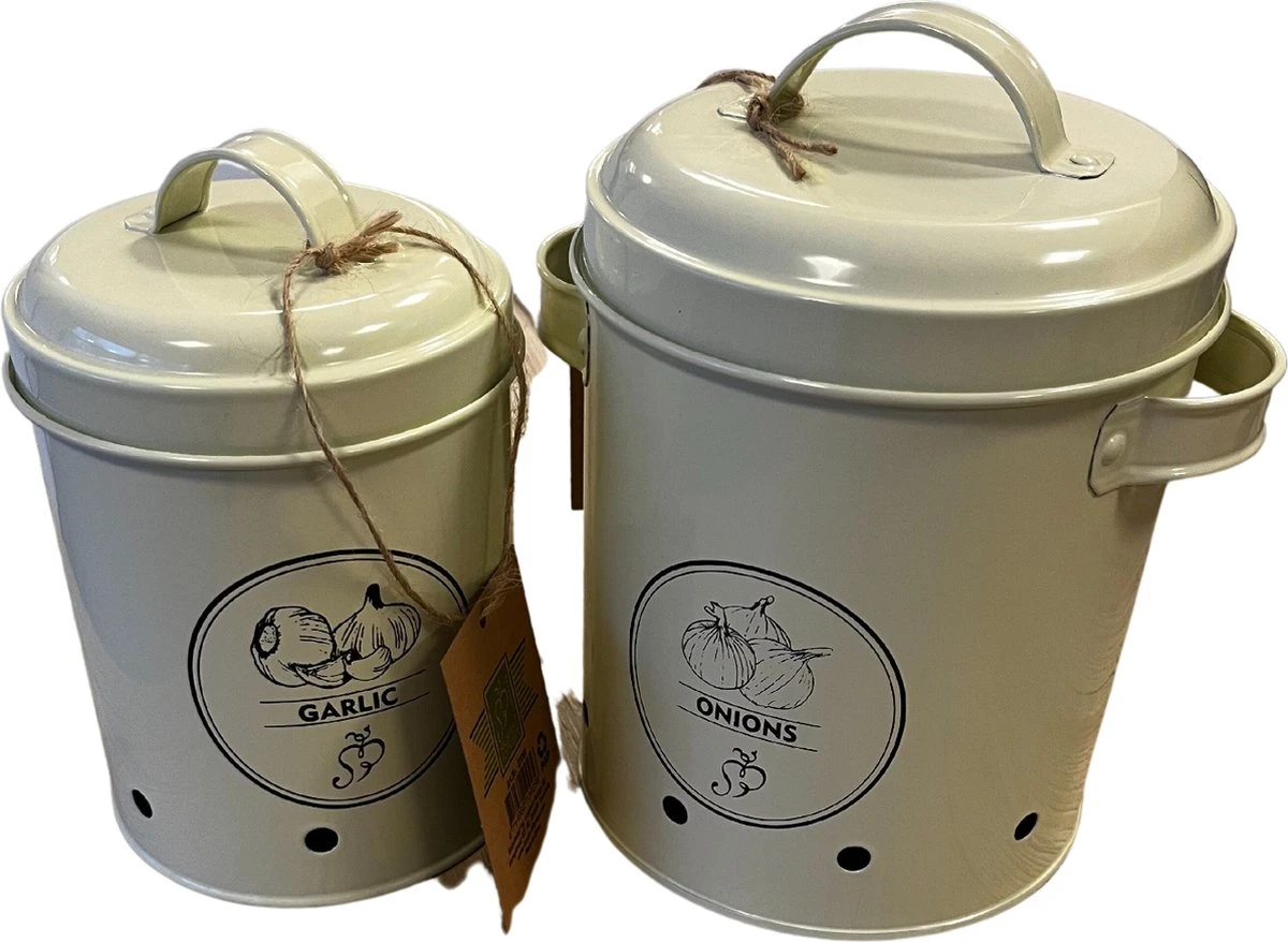ESSCHERT DESIGN Set Van 2 Voorraadblikken Uien En Knoflook 1 ESSCHERT DESIGN Set Van 2 Voorraadblikken Uien En Knoflook