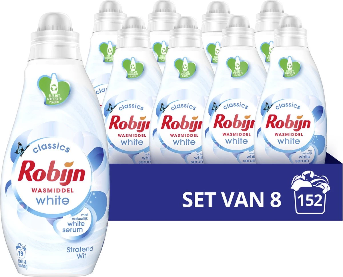 Robijn Klein & Krachtig Stralend Wit Vloeibaar Wasmiddel - 8 X 19 Wasbeurten - Voordeelverpakking 1 Robijn Klein & Krachtig Stralend Wit Vloeibaar Wasmiddel - 8 X 19 Wasbeurten - Voordeelverpakking