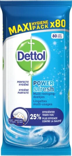 Dettol - Power & Fresh - Schoonmaakdoekjes - Oceaanfris - 4 X 80 Doekjes -Huishoudelijke Benodigdheden Winkel 556x1200