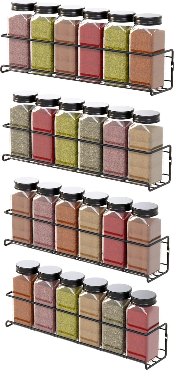 Noswo Kruidenrek Ophangbaar - Voor 24 Kruidenpotjes - 4 Stuks - Keukenrek Hangend - RVS - Zwart 1 Noswo Kruidenrek Ophangbaar - Voor 24 Kruidenpotjes - 4 Stuks - Keukenrek Hangend - RVS - Zwart