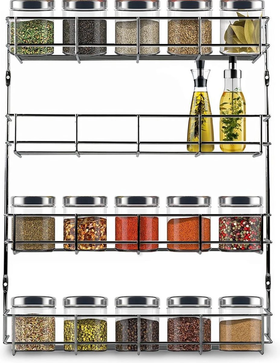 KitchenBrothers Ophangbaar Kruidenrek Voor 32 Kruidenpotjes - Spice Rack – Keuken Rek - Kruiden Organizer - Specerijen Opbergen - 4 Laags - 40 X 6.3 X 50 Cm - RVS 1 KitchenBrothers Ophangbaar Kruidenrek Voor 32 Kruidenpotjes - Spice Rack – Keuken Rek - Kruiden Organizer - Specerijen Opbergen - 4 Laags - 40 X 6.3 X 50 Cm - RVS